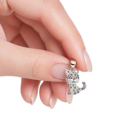 Stříbrný přívěsek - kočka, barevné kulaté zirkony | Argento.cz