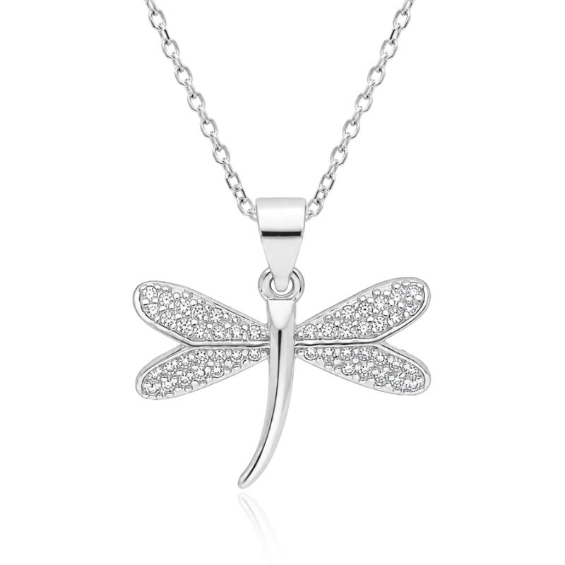 Stříbrný náhrdelník - vážka, čiré kulaté zirkony, délka 43 až 46 cm | Argento.cz