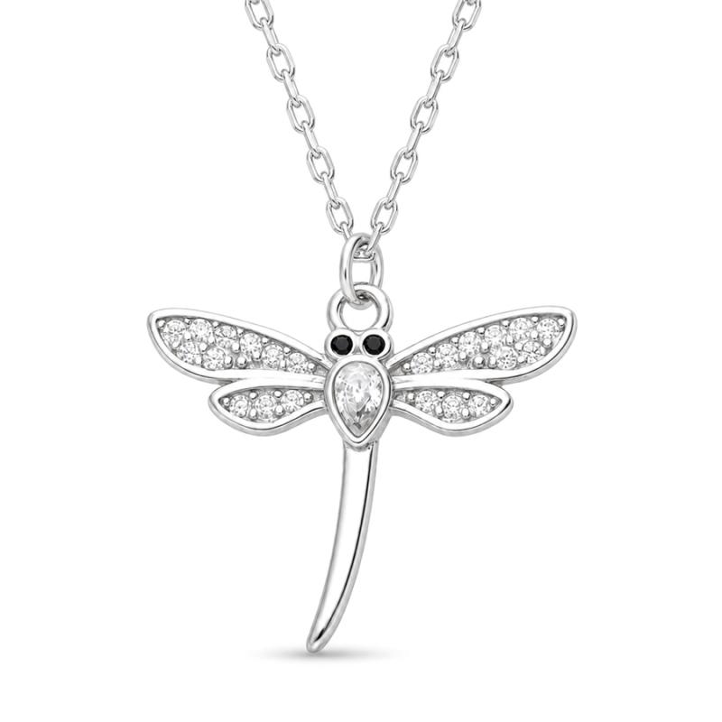 Stříbrný náhrdelník - vážka, černý zirkon, čiré zirkony, délka 43 až 46 cm | Argento.cz