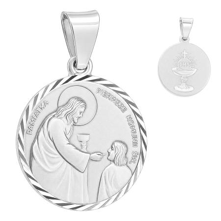 Stříbrný přívěsek - první svaté přijímání - Kristus podává přijímání chlapci, na rubu kalich s hostií | Argento.cz