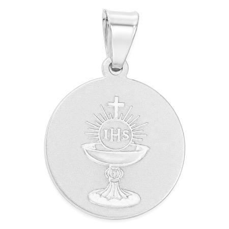 Stříbrný přívěsek - první svaté přijímání - Kristus podává přijímání chlapci, na rubu kalich s hostií | Argento.cz