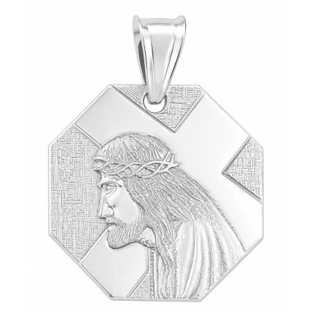 Stříbrný přívěsek - Ježíš Kristus s trnovou korunou, osmihranná medaile s křížem | Argento.cz